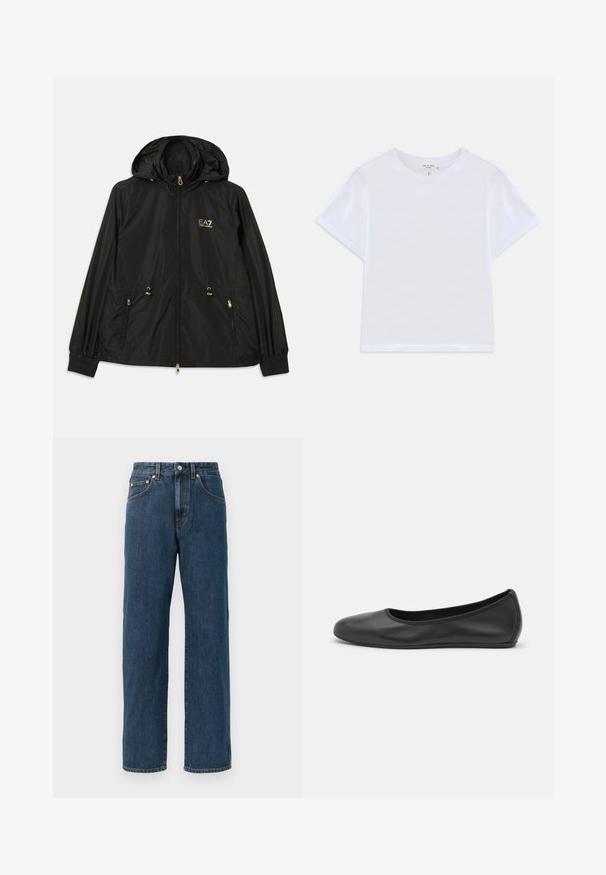 Sort hættejakke lavet af letvægts, skinnende materiale. Har guldhardware, to forlommer og elastiske manchetter for en tætsiddende pasform.; Hvid cropped t-shirt lavet af blødt bomuld, med rund hals og korte ærmer og en let løs pasform. Ingen mønstre eller accenter.; Mørkeblå denim jeans med lige pasform. Har fem lommer, subtile syninger og en knaplukning i taljen.; Sort læderballetsko med rund tå, glat tekstur, minimal syning og et fleksibelt såldesign.