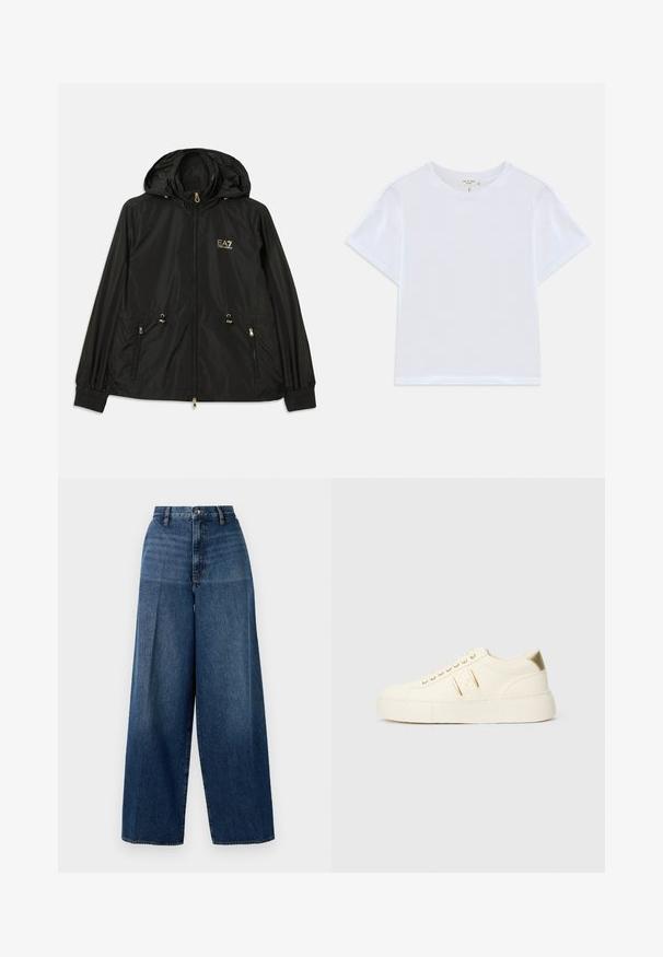 Veste noire à capuche en matériau léger et brillant. Dotée de accessoires dorés, de deux poches avant et de poignets élastiques pour un ajustement confortable.; T-shirt blanc court en coton doux, avec un col rond et des manches courtes, d'ajustement légèrement décontracté. Pas de motifs ni d'accents.; Jeans en denim à jambes larges de couleur bleu foncé. Présentent une taille haute, une fermeture à glissière et une décoloration subtile. Fabriqués à partir d'un tissu en coton texturé.; Baskets basses de couleur crème avec des accents dorés, des lacets et un marquage « Armani Exchange » en relief sur la semelle et le patch latéral.