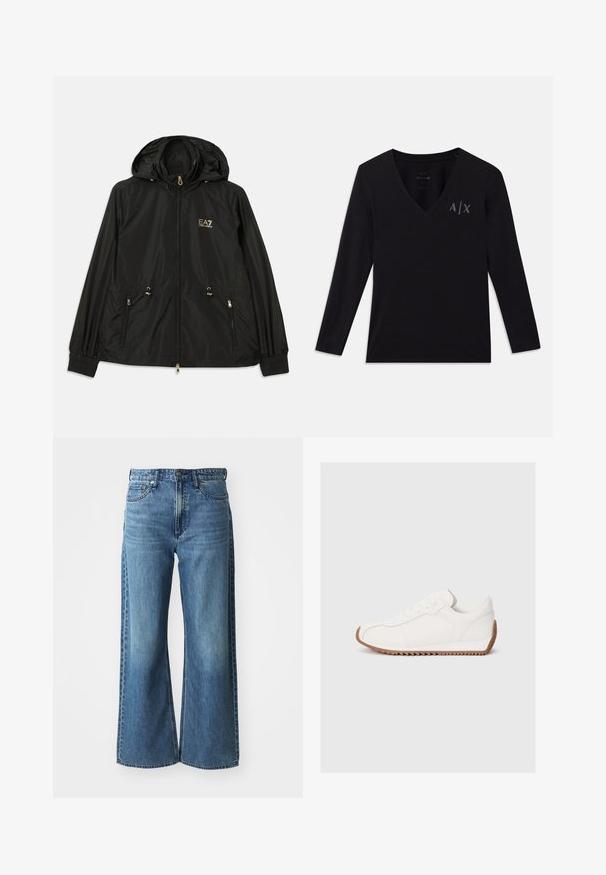 Zwarte hoodiejas van lichtgewicht glanzend materiaal. Voorzien van gouden hardware, twee voorzakken en elastische manchetten voor een goede pasvorm.; Zwarte lange mouwen V-hals t-shirt gemaakt van zachte katoen; heeft een geborduurd logo "A/X" in grijs op de bovenste linkerzijde.; Wijdvallende blauwe spijkerbroek van denim met een middelhoge tailleband, vijf zakken en subtiele vervaging. Kenmerken zijn onder andere riemlussen en gestikte details.; Witte sneaker met een glad leren bovenwerk, een gestructureerde rubberen zool, een ronde teen en subtiele stiksels. Contrasterende bruine rubberen buitenzool.