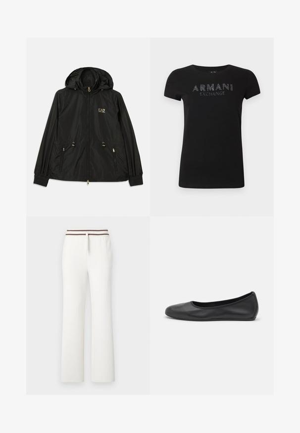 Veste noire à capuche en matériau léger et brillant. Dotée de accessoires dorés, de deux poches avant et de poignets élastiques pour un ajustement confortable.; T-shirt noir en coton lisse, avec "ARMANI EXCHANGE" en lettres texturées brillantes sur la poitrine. Encolure ronde classique.; Pantalon de survêtement blanc à jambes droites avec une ceinture élastique à rayures marron et un cordon de serrage à l'avant sur un fond uni.; Ballerines en cuir noir avec un bout rond, texture lisse, détails de couture minimalistes et design de semelle flexible.