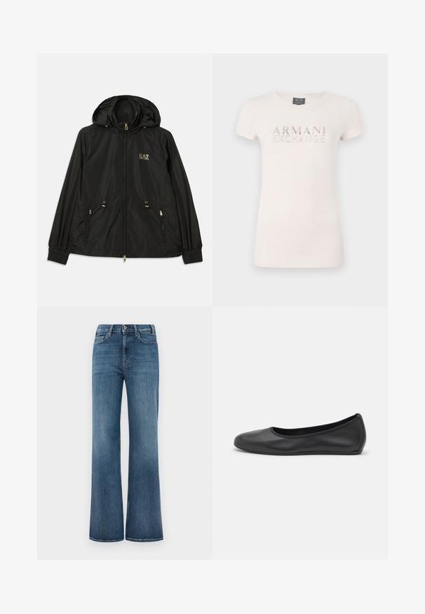 Sort hættejakke lavet af letvægts, skinnende materiale. Har guldhardware, to forlommer og elastiske manchetter for en tætsiddende pasform.; Lyserød kortærmet T-shirt med et præget logo "ARMANI EXCHANGE" i metallisk finish. Blødt stof, klassisk rund halsudskæring, tætsiddende pasform.; Blå denimjeans med bred benklip, knap- og lynlåslukning samt for- og baglommer, præsenteret på en simpel hvid baggrund.; Sort læderballetsko med rund tå, glat tekstur, minimal syning og et fleksibelt såldesign.