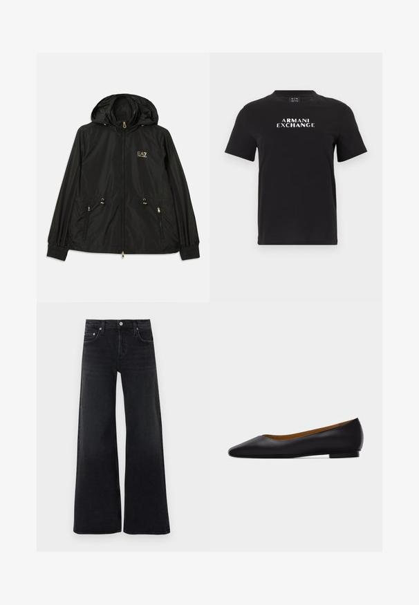 Veste noire à capuche en matériau léger et brillant. Dotée de accessoires dorés, de deux poches avant et de poignets élastiques pour un ajustement confortable.; T-shirt noir à manches courtes avec "ARMANI EXCHANGE" imprimé en lettres majuscules blanches au centre de la poitrine.; Jean noir taille haute à jambes larges avec bouton et fermeture éclair à l'avant, passants pour ceinture, et design classique à cinq poches.; Chaussure plate en cuir noir à bout pointu avec talon bas et finition lisse, vue de côté sur un fond gris clair.