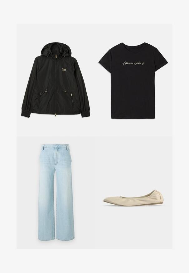 Schwarze Kapuzenjacke aus leichtem, glänzendem Material. Besitzt goldene Beschläge, zwei Fronttaschen und elastische Bündchen für einen engen Sitz.; Schwarzes Baumwoll-T-Shirt mit kurzen Ärmeln und Rundhalsausschnitt, verziert mit einem kursiven "Armani Exchange"-Logo in Weiß.; Helle blaue weite Jeans aus Denim. Merkmale sind eine hohe Taille, ein Fünf-Taschen-Design und dezentes Ausbleichen mit einem sauberen Saum.; Beiger weicher Ledertalier mit abgerundeter Spitze, niedrigem seitlichen Profil und schlanker Gummisohle auf schlichtem weißem Hintergrund.