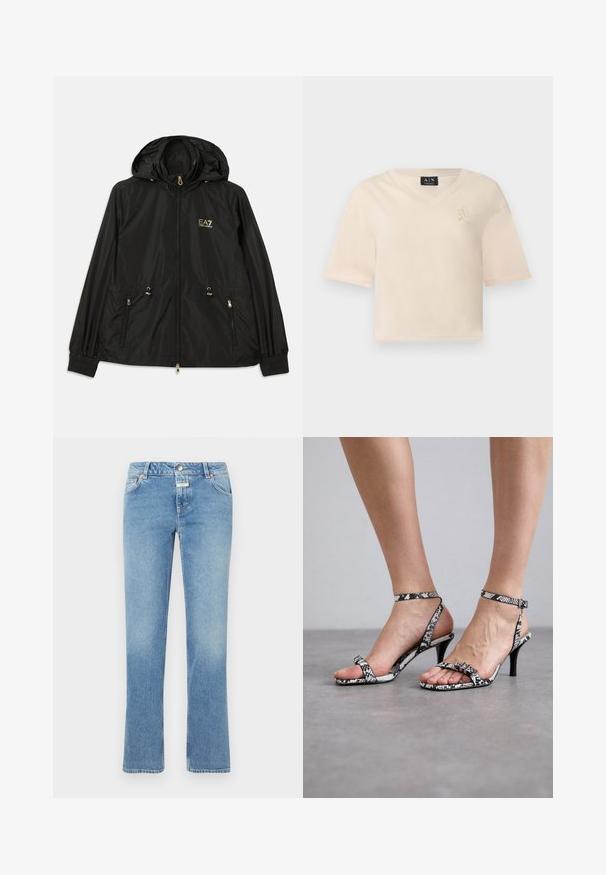 Sort hættejakke lavet af letvægts, skinnende materiale. Har guldhardware, to forlommer og elastiske manchetter for en tætsiddende pasform.; Beige kort cropped T-shirt med V-hals, korte ærmer og lille broderet logo på venstre bryst.; Blå denim jeans med lige ben design, medium taljehøjde, fem lommer og subtil fading i hele stoffet.; Sort-hvide højhælede sandaler med slangeskinds-mønster, tynde stropper og en lille spænde detalje. Hælen er slank og spids.
