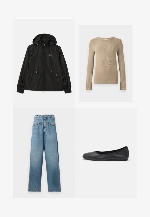 Schwarze Kapuzenjacke aus leichtem, glänzendem Material. Besitzt goldene Beschläge, zwei Fronttaschen und elastische Bündchen für einen engen Sitz.; Beiger gerippter Langarm-Stricktop mit Rundhalsausschnitt, figurbetonter Silhouette und sichtbaren Nahtabschlüssen an den Säumen vor einfarbigem Hintergrund.; CLOSED DENI - Wide Leg - mid blue; Schwarze Leder-Ballettschuhe mit abgerundeter Spitze, glatter Textur, minimalen Nähdetails und einem flexiblen Sohlen-Design.