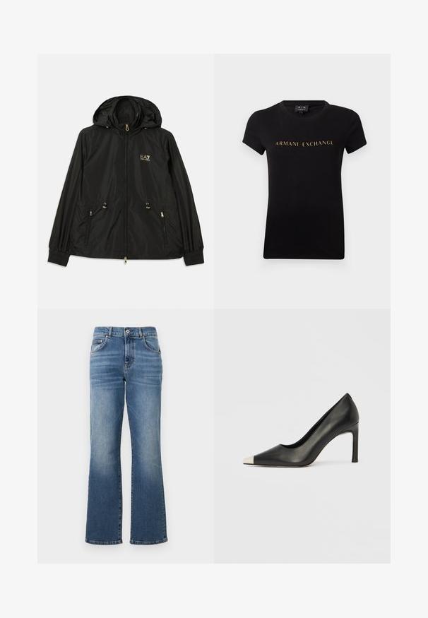 Veste noire à capuche en matériau léger et brillant. Dotée de accessoires dorés, de deux poches avant et de poignets élastiques pour un ajustement confortable.; T-shirt noir à manches courtes et col rond avec l'inscription « ARMANI EXCHANGE » en lettres dorées centrée sur le devant.; Jeans en denim bleu avec une coupe droite, taille mi-haute, design à cinq poches et décoloration subtile le long des jambes.; Chaussure à talon haut en cuir noir avec bout pointu et capuchon argenté métallique. Présente une finition lisse et un talon fin de 10 cm.