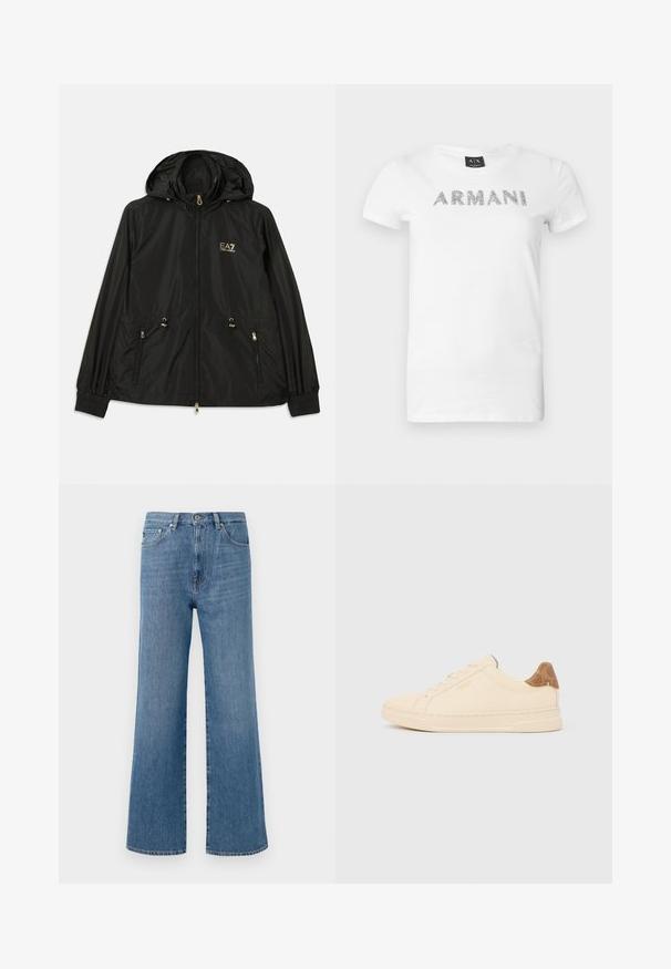Zwarte hoodiejas van lichtgewicht glanzend materiaal. Voorzien van gouden hardware, twee voorzakken en elastische manchetten voor een goede pasvorm.; Witte katoenen T-shirt met metallic zilveren "ARMANI"-letters op de voorkant. Korte mouwen en een ronde halslijn.; Lichtblauwe denim wide-leg jeans met hoge taille, met een voorste knoopsluiting, vijf zakken en een schone zoomafwerking.; Beige lage sneaker met beige veters, een hielstuk met een beigetinten patroon en het "Coach New York"-logo aan de zijkant.