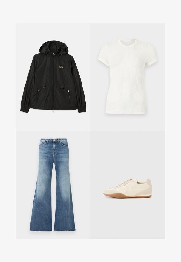Schwarze Kapuzenjacke aus leichtem, glänzendem Material. Besitzt goldene Beschläge, zwei Fronttaschen und elastische Bündchen für einen engen Sitz.; Weißes, kurzärmeliges, geripptes Strick-T-Shirt mit rundem Ausschnitt und leicht aufgepufften Ärmeln.; Blaue High-Waist-Weitbein-Jeans mit verblasster Front, Fünf-Taschen-Design, Gürtelschlaufen und Knopfverschluss vor weißem Hintergrund.; Hellbeige Sneaker mit strukturiertem Lederupper, strukturierten seitlichen Einsätzen und einer Gummisohle. Verfügt über ein schlankes, stromlinienförmiges Design und flache Schnürsenkel.