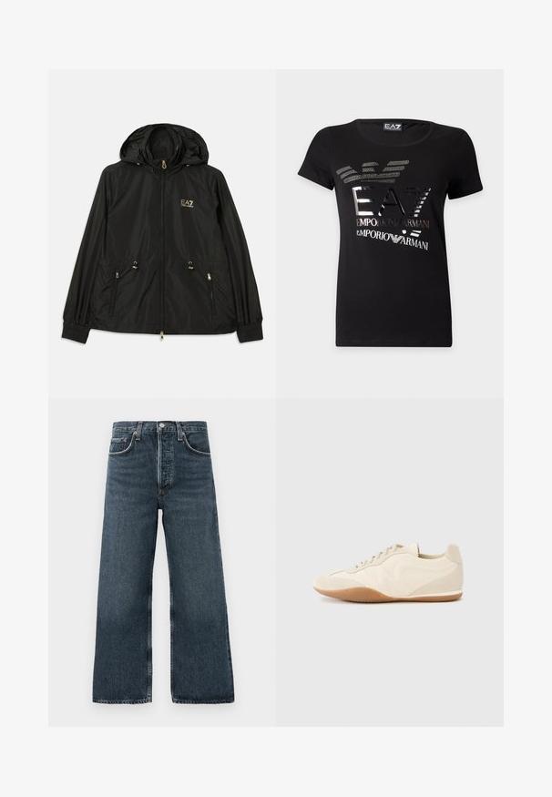 Sort hættejakke lavet af letvægts, skinnende materiale. Har guldhardware, to forlommer og elastiske manchetter for en tætsiddende pasform.; Sort kortærmet t-shirt med metallisk sølv EA7 Emporio Armani-logo og stiliseret ørnegrafik på forsiden.; Mørke denim brede ben jeans med knap- og lynlåslukning, udstyret med fem lommer og subtilt slid på stoffet.; Lyse beige sneakers med en tekstureret læderoverdel, teksturerede sider og en gummisål. Har et slankt, strømlinet design og flade snørebånd.