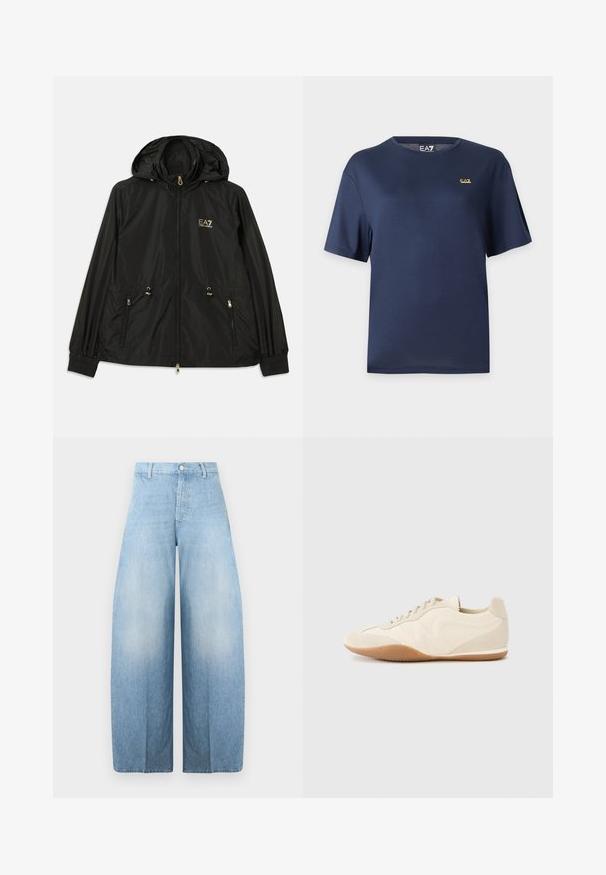 Zwarte hoodiejas van lichtgewicht glanzend materiaal. Voorzien van gouden hardware, twee voorzakken en elastische manchetten voor een goede pasvorm.; Marineblauw T-shirt met korte mouwen, ronde hals en klein gouden EA7-logo op de linkerborst tegen een lichte achtergrond.; Lichtblauwe, hooggetailleerde spijkerbroek met brede pijpen, riemlussen, voorste knoop en ritssluiting op een witte achtergrond.; Lichtbeige sneakers met een textuur van leer op het bovenwerk, getextureerde zijpanelen en een rubberen zool. Voorzien van een slank, gestroomlijnd ontwerp en platte veters.