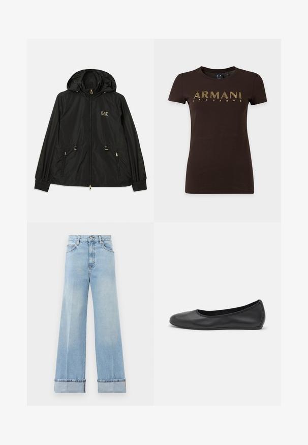 Veste noire à capuche en matériau léger et brillant. Dotée de accessoires dorés, de deux poches avant et de poignets élastiques pour un ajustement confortable.; T-shirt marron foncé à manches courtes avec texte contour jaune "ARMANI EXCHANGE" sur la poitrine et col rond.; Jeans évasés bleu clair en denim, dotés d'une taille haute, d'ourlets retroussés et d'un design classique à cinq poches. Finition nette avec un minimalisme dans les dégradés.; Ballerines en cuir noir avec un bout rond, texture lisse, détails de couture minimalistes et design de semelle flexible.