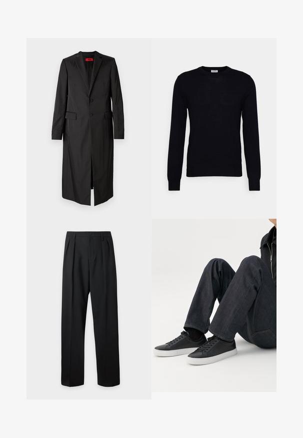 Sort lang frakke i letvægtsstof med enkelt knaplukning, to knapper og sidelommer. Minimalistisk stil med en slank silhuet.; Sort langærmet sweater lavet af blødt strikket materiale. Rund halsudskæring, ribbede manchetter og kant. Minimalistisk design uden synlige mønstre eller knapper.; Sorte skræddersyede bukser med høj talje, bæltestropper, frontfolder, knaplukning og lige vide ben på en lys baggrund.; Person siddende med bøjede ben, iført mørkeblå jeans og sorte lave sneakers med hvide såler på en hvid baggrund.