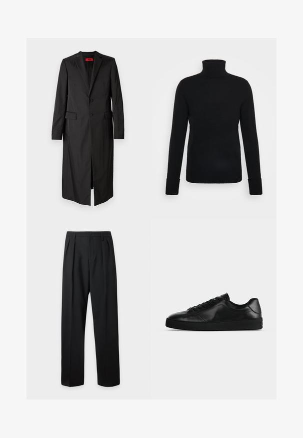 Sort lang frakke i letvægtsstof med enkelt knaplukning, to knapper og sidelommer. Minimalistisk stil med en slank silhuet.; FTC Cashmere ROLLNECK - Striktrøje - moonless night; Sorte skræddersyede bukser med høj talje, bæltestropper, frontfolder, knaplukning og lige vide ben på en lys baggrund.; Svært lavprofileret sort lædersneaker med snørebånd foran og tekstureret flad sål, vist fra siden på en neutral baggrund.
