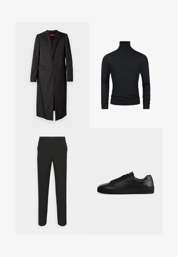 Sort lang frakke i letvægtsstof med enkelt knaplukning, to knapper og sidelommer. Minimalistisk stil med en slank silhuet.; Sort turtleneck sweater med lange ærmer, lavet af et glat strikstof, med ribbede manchetter og søm for et tætsiddende udseende.; Sorte skræddersyede bukser med lige snit, der har en enkelt knaplukning og bæltestropper. Glat, mat stof uden mønstre.; Sort lavtopet læder-sneaker med sorte snørebånd, tekstureret gummisål og lille præget logo på siden, vist i profil mod grå baggrund.