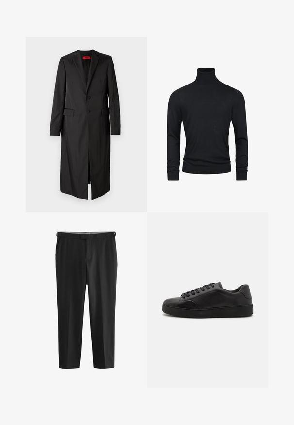 Sort lang frakke i letvægtsstof med enkelt knaplukning, to knapper og sidelommer. Minimalistisk stil med en slank silhuet.; Sort turtleneck sweater med lange ærmer, lavet af et glat strikstof, med ribbede manchetter og søm for et tætsiddende udseende.; Sorte skræddersyede bukser med flad front og bæltestropper. Fremstillet af glat materiale, med lige ben og subtile syninger.; Sorte lædersneakers med rund tå, flad sål og traditionel snøring. Har en glat tekstur og diskrete detaljer på siden.