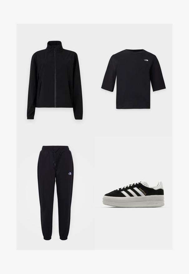 Veste coupe-vent noire avec un col haut, fermeture éclair sur toute la longueur à l'avant, et deux poches latérales. Fabriquée en tissu léger et lisse.; T-shirt noir à manches courtes col rond avec petit logo blanc The North Face sur la partie supérieure gauche de la poitrine sur un fond clair.; Pantalons de jogging noirs avec taille élastique et poignets, cordon de serrage, poches latérales et petit logo blanc The North Face sur la cuisse droite.; Baskets en daim noir avec des accents en cuir blanc, trois rayures blanches, lacets plats et une semelle épaisse en gris. Marquage doré "Gazelle".