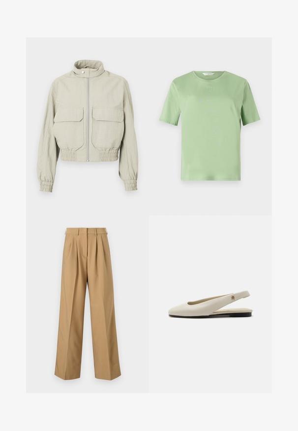 Veste cropped gris clair avec un col montant, fermeture éclair devant et deux grandes poches poitrine. Les poignets et l'ourlet élastiqués ajoutent de la texture.; T-shirt vert clair à manches courtes en tissu doux. Doté d'un col rond et d'un petit logo embossé sur la poitrine. Design simple.; Pantalons en coton beige avec taille haute, devant plissé, jambes larges et texture lisse. Dotés d'une taille standard et de passants de ceinture.; Chaussure plate slingback en cuir couleur crème avec un bout arrondi et un petit emblème doré sur la bride.