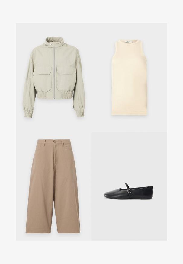 Veste cropped gris clair avec un col montant, fermeture éclair devant et deux grandes poches poitrine. Les poignets et l'ourlet élastiqués ajoutent de la texture.; Top sans manches en beige clair, en tissu côtelé, avec un col rond et une coupe ajustée. Texture lisse avec des coutures minimales.; Pantalons larges kaki en coton, dotés d'une taille haute, de poches frontales et d'une fermeture à bouton unique. Texture lisse et coupe droite.; Ballerines noires en cuir avec un bout pointu, une semelle plate et une petite sangle avec un détail de boucle en argent.