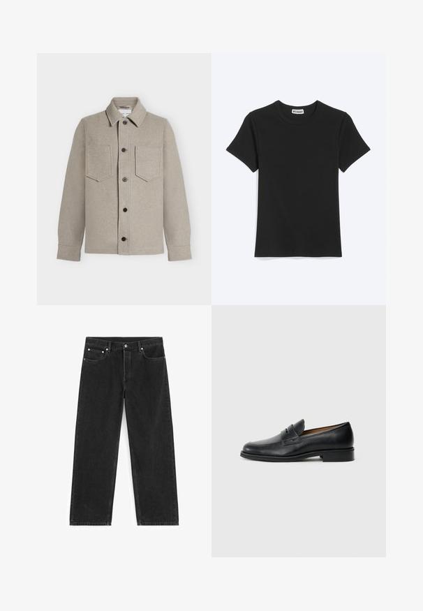 Veste en laine beige clair boutonnée, avec deux poches poitrine, col pointu et manches longues.; T-shirt noir uni à manches courtes et col rond avec une étiquette de la marque Weekday à l’intérieur du col, présenté sur fond blanc.; Jean denim noir à jambes droites avec poches avant et arrière, passants de ceinture et fermeture par bouton à la taille.; Mocassins en cuir noir avec un bout arrondi, présentant un détail de sangle à l'avant et un petit talon solide. Texture lisse et design épuré.
