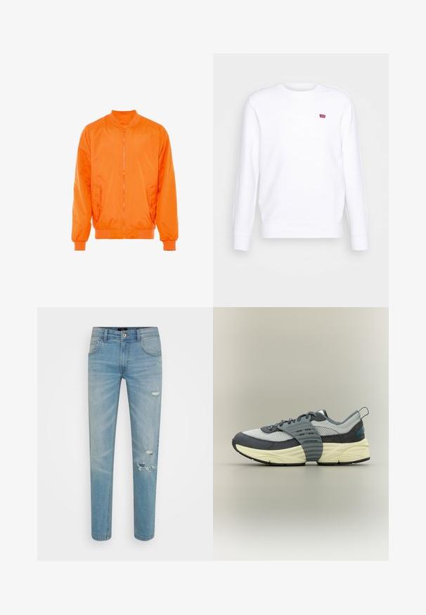 Orange bomber jakke med lynlås foran, ribbede manchetter og to sidelommer. Fremstillet af glat, letvægtsmateriale.; Hvid sweatshirt lavet af bomuld. Har rund hals, lange ærmer og et lille rødt logo på brystet. Blød tekstur med ribbede manchetter.; Lyseblå denim jeans med slim fit, der har slidte detaljer og to frontlommer, hvoraf den ene har et lille hul. Minimal hardware.; Lavtop sneaker med øverste del i gråt mesh og ruskind, cremefarvet mellemsål, sort ydersål og en bred grå rem tværs over mellemfoden.