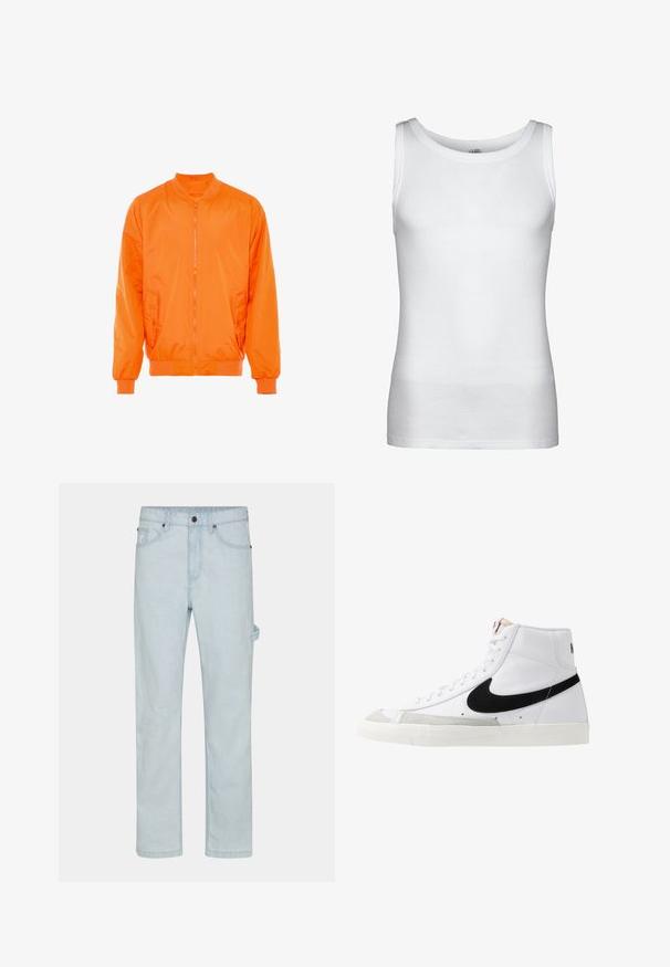 Blouson orange en nylon avec une fermeture éclair sur le devant, des poignets côtelés et deux poches latérales. Fabriqué en matériau lisse et léger.; Débardeur blanc côtelé sans manches avec encolure ronde et ourlet droit, présenté sur un fond uni.; Jeans en denim bleu clair, coupe droite, dotés d'une fermeture à bouton, de cinq poches et d'un détail de boucle sur le côté pour plus de fonctionnalité.; Baskets montantes blanches avec un swoosh noir, un capuchon de pied texturé gris et une semelle plate blanche. Elles possèdent six œillets et des accents cousus.