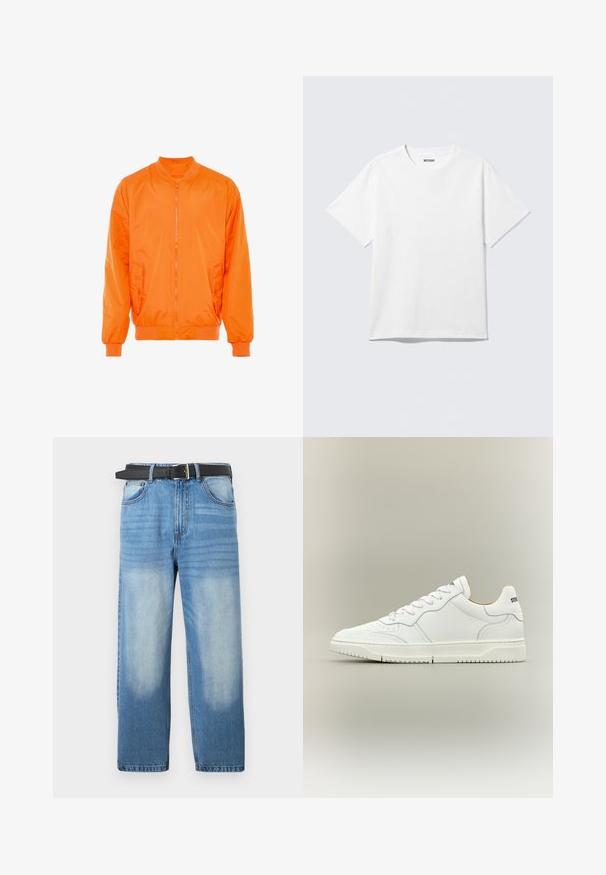 Orange bomber jakke med lynlås foran, ribbede manchetter og to sidelommer. Fremstillet af glat, letvægtsmateriale.; Hvid kortærmet crewneck T-shirt lagt fladt ud, ensfarvet design, med "WEEKDAY" mærkat inde i kraven på en lys baggrund.; Lys blå denim jeans med lige ben, udstyret med et sort bælte, falmede pletter og subtil diagonalt mønster i den øverste sektion.; Hvid lavtop-sneakers med snørelukning, glat læderoverdel og mærket detalje på hælen, vist mod en neutral baggrund.