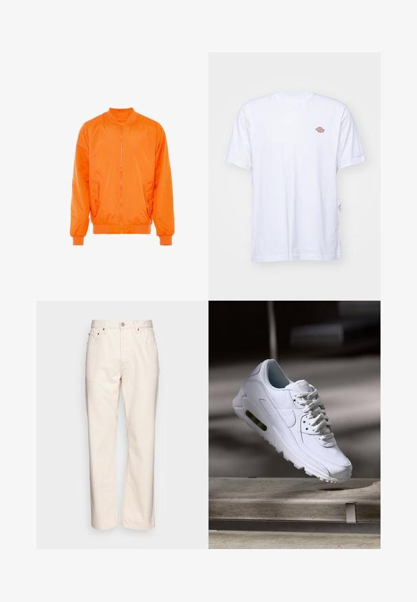 Orange bomber jakke med lynlås foran, ribbede manchetter og to sidelommer. Fremstillet af glat, letvægtsmateriale.; Hvid bomulds t-shirt med v-hals og korte ærmer. Har et lille farverigt broderet logo på venstre bryst. Blød tekstur.; Cremfarvet denim jeans med lige ben. Har fem lommer, frontlukning med knap og kontrasterende syninger.; Hvide lædersneakers med teksturerede overflader, polstret krave og synlig luftpolstring i sålen. Har snørrebånd og et minimalistisk design.