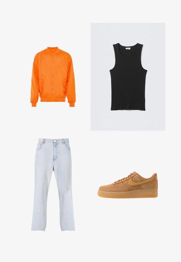 Orange bomber jakke med lynlås foran, ribbede manchetter og to sidelommer. Fremstillet af glat, letvægtsmateriale.; Sort ærmeløs ribstrikket tanktop med rund halsudskæring, fladt lagt på lysegrå baggrund. Etiket med teksten "WEEKDAY."; Lyseblå jeans med lige ben, lukning med knap og lynlås foran samt fem-lomme design.; Nike Sportswear AIR FORCE 1 07 - Sneakers - flax/wheat/light brown/black/team gold