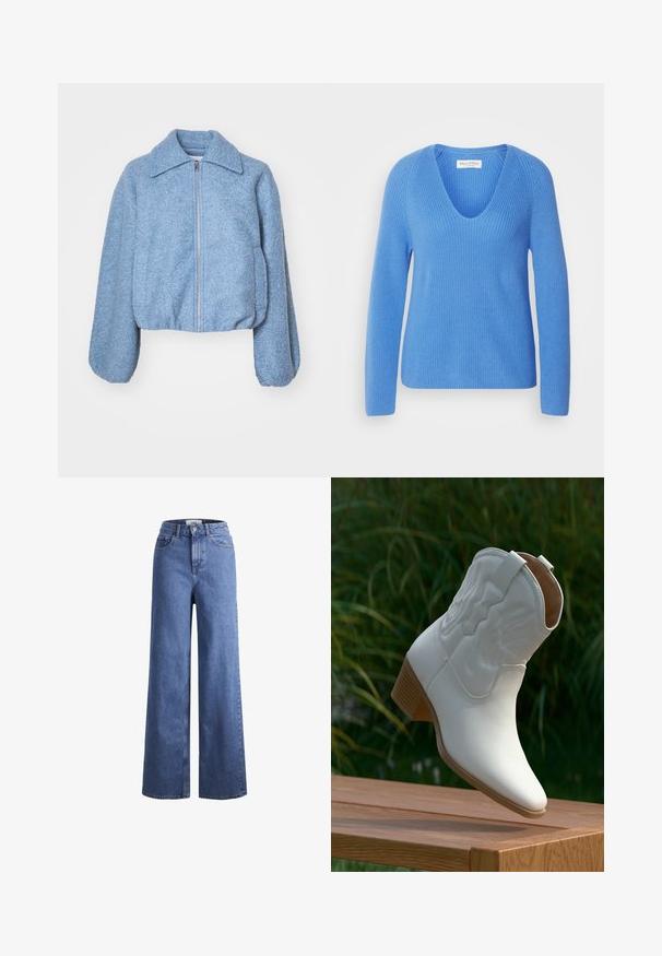 Modrá skrátená bunda vyrobená z textúrnej tkaniny, s predným zipsom, širokými rukávmi a klasickým golierom.; Marc O'Polo LONGSLEEVE V NECK - Svetrík - shiny sky; Svetlomodré deninové nohavice s širokými nohavicami a vysokým pásom, dve predné vrecká a viditeľné švy. Obsahuje tiež uzatváranie na gombík a zips.; Biela kožená kovbojská čižma po stred lýtok s dekoratívnym prešívaním a naskladaným dreveným podpätkom, ktorá spočíva na drevenom povrchu vonku.