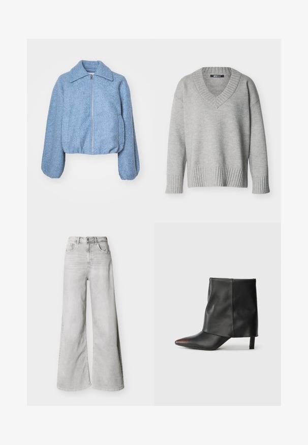 Blaue kurze Jacke aus strukturiertem Stoff, mit einem Frontreißverschluss, weiten Ärmeln und einem klassischen Kragen.; Hellgrauer Strickpullover mit V-Ausschnitt, gerippten Bündchen und Saum, vor einfachem weißem Hintergrund angezeigt.; Hellgraue Jeans mit weitem Bein aus Denim, mit hoher Taille, vorderen Taschen und Knopfverschluss. Glatte Textur mit einem dezenten ausgewaschenen Look.; Schwarzer Knöchelstiefel aus glattem Leder mit spitzer Zehenpartie und schmalem Absatz. Das Obermaterial zeichnet sich durch ein leicht gerafftes Design aus.