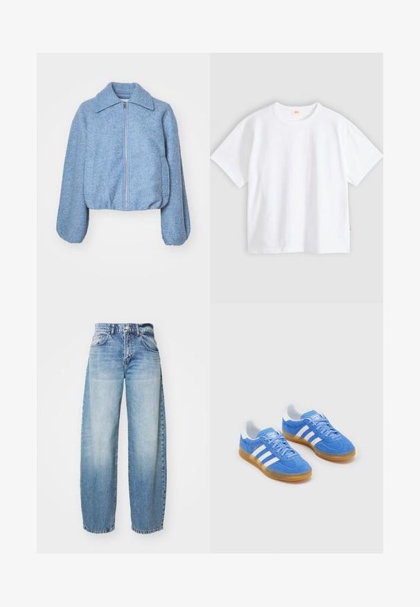 Chaqueta corta azul hecha de un tejido texturizado, con cremallera frontal, mangas anchas y un collar clásico.; Camiseta blanca de algodón con mangas cortas, cuello redondo, ajuste holgado, textura suave y una pequeña etiqueta con logotipo en la costura del lado izquierdo.; Jeans de pierna ancha en color azul claro con un acabado desgastado, cinco bolsillos y cierre de botón. La tela es denim, con costuras clásicas y un corte relajado.; Zapatillas deportivas azules de ante con acentos de rayas blancas, suela de goma y cuello acolchado para mayor comodidad. Presenta un diseño clásico de cordones.