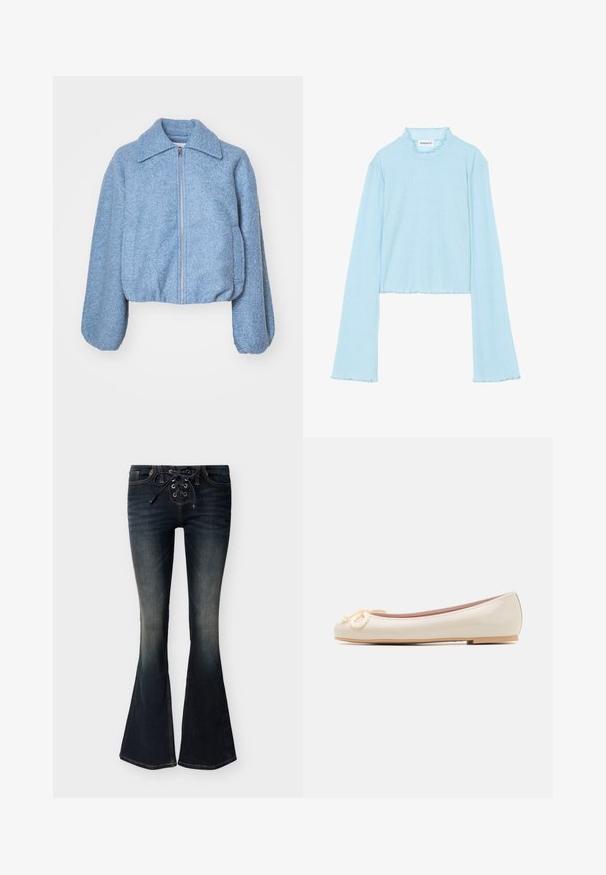 Blå cropped jakke lavet af tekstureret stof, med en frontlynlås, brede ærmer og en klassisk krave.; Even&Odd Langærmet T-shirt - light blue; Mørkeblå flare-jeans med snøreføring foran og diskrete falmede områder på lår og knæ.; Ballet flats i cremefarvet patentlæder med rund tå og en dekorativ snor-sløjfe foran, der har en flad sål og en glat tekstur.