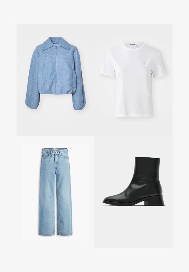 Chaqueta corta azul hecha de un tejido texturizado, con cremallera frontal, mangas anchas y un collar clásico.; Camiseta blanca de manga corta hecha de una tela suave. Cuenta con un escote redondo y un corte recto, con una etiqueta en el cuello interior.; Jeans de pierna ancha de talle alto, de un azul claro, con botón y cremallera en el frente, lazos para cinturón y estilo de cinco bolsillos.; Botín negro de tobillo hecho de cuero brillante, con un diseño elegante, punta afilada y un tacón bloque moderado para mayor estabilidad.
