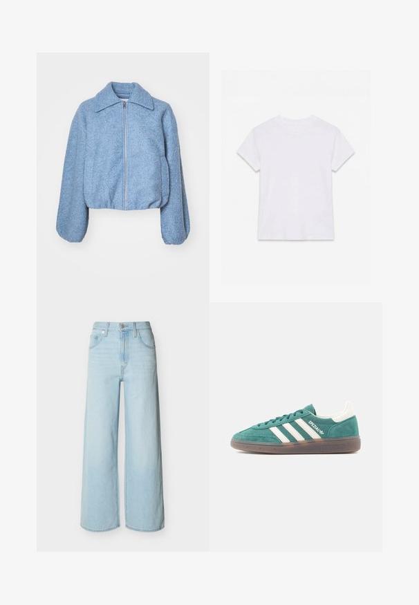 Blå cropped jakke lavet af tekstureret stof, med en frontlynlås, brede ærmer og en klassisk krave.; Hvid kortærmet t-shirt i bomuld med rund hals, lagt fladt på en hvid baggrund.; Lyseblå vidbenede jeans med forreste knap- og lynlås-lukning, bæltestropper og klassisk design med fem lommer.; Grøn ruskindsneakers med hvide læderdetaljer og tre hvide striber. Indeholder en gummisål og polstret krave for komfort.