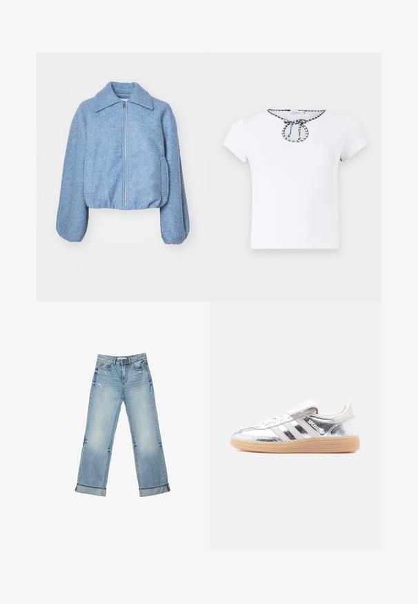 Blå cropped jakke lavet af tekstureret stof, med en frontlynlås, brede ærmer og en klassisk krave.; Hvid t-shirt med korte ærmer, der har en rund halsudskæring med en sort-hvid ternet snordetalje ved kraven. Blød stoftekstur.; Lyseblå cowboybukser med vide ben, opkrogede kanter og let slid foran ved lommerne og lårene.; Sølvmetallic Adidas Spezial-sneaker med hvide striber og gummisål, vist fra venstre side på en ensartet hvid baggrund.