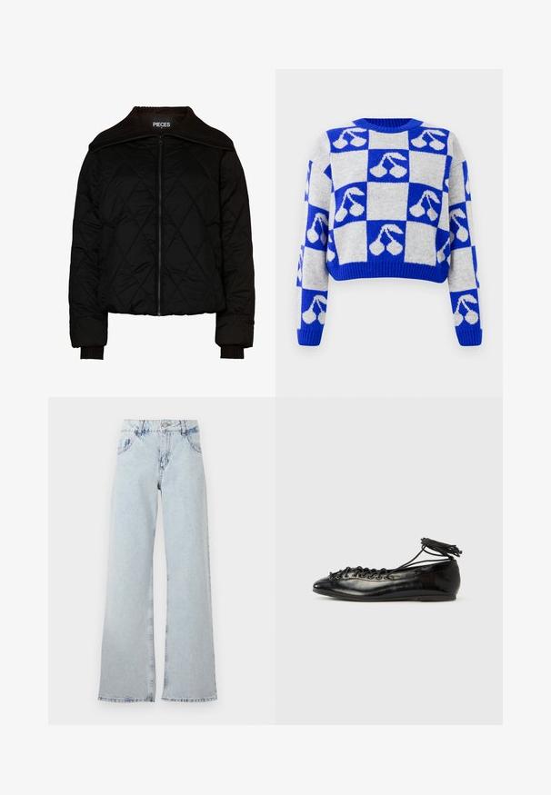 Chaqueta bomber acolchada negra con cuello y puños acanalados, que presenta un cierre de cremallera. Tela ligera con un patrón de diamantes. Talla M.; Suéter de punto en cuadros azul y blanco con motivos de cerezas en cada cuadrado, con mangas largas y cuello redondo.; Jeans de pierna ancha de color azul claro, hechos de mezclilla, con una cintura alta, trabillas para el cinturón, cinco bolsillos y áreas desteñidas para un aspecto vintage.; Zapatos planos tipo ballet de charol negro con punta redondeada, diseño con cordones y suela plana. Textura lisa con detalles mínimos.