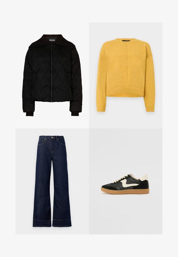 Sort quiltet bomberjakke med ribbet krave og manchetter, der har en lynlåslukning. Letvægtsstof med et diamantmønster. Størrelse M.; Gul strikket sweater med rund halsudskæring, sænkede skuldre og ribbet kant. Blød tekstur og et simpelt, lige snit.; Mørkeblå brede jeans lavet af denim. Har en knaplukning, stikninger og sidelommer. Udfoldet nederste kant.; Sorte ruskinds- og lædersneakers med en cremefarvet side-swoosh og lys cremefarvet hæl. Har beige snørebånd og en gummirubber-sål.