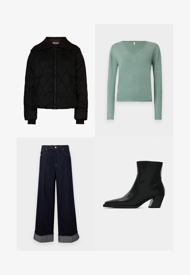 Sort quiltet bomberjakke med ribbet krave og manchetter, der har en lynlåslukning. Letvægtsstof med et diamantmønster. Størrelse M.; Langærmet V-hals sweater i blødt, lysegrønt strikstof. Almindelig pasform med ribbet ærmegab og kant; glat tekstur med minimal detaljering.; Bukser i mørkt denim med vide ben og høj talje, der har lukning med knap og lynlås, kontrastsyninger og opbukket kant med grå detaljer.; Sortlæder ankelstøvle med spids tå, en slank silhuet og en kraftig firkantet hæl. Glat tekstur med minimale stikninger.