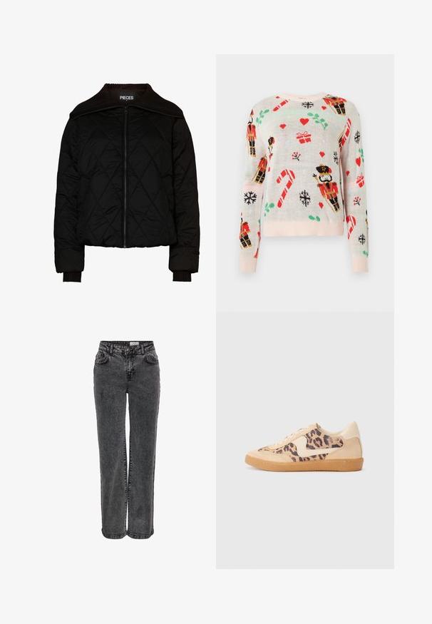 Sort quiltet bomberjakke med ribbet krave og manchetter, der har en lynlåslukning. Letvægtsstof med et diamantmønster. Størrelse M.; Lys beige sweater med juletema mønstre, herunder nisseknækkere, gaver, slikstænger og hjerter. Ribbet lyserød halsudskæring og mansjetter.; Sorte denimjeans med lige ben, der har forlommer, bæltestropper og en subtil, falmet tekstur.; Leopardprint sneakers med beige ruskindsoverdel, tan gummisål og hvide detaljer. Rund pegefinger og snørebåndsdesign med en tekstureret finish.