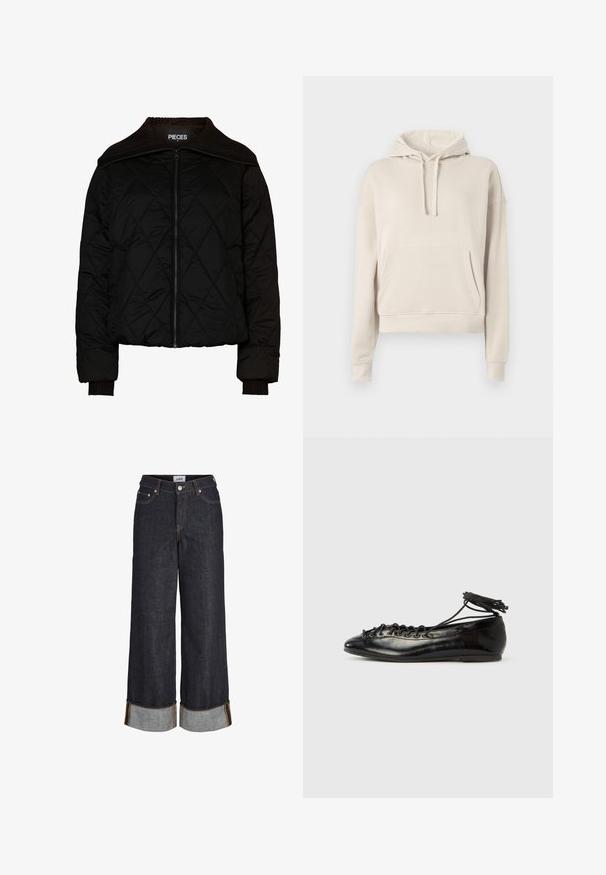 Must mustriga bomber-jakk, millel on soonikkoesed ja mansetid, lukuga. Kergekangas, milles on sametmuster. Suurus M.; Beesuhkroheline kapuutsiga sviiter, mis on valmistatud pehmest materjalist, millel on eesmine tasku, reguleeritav kapuutsi nöör ja ribadega mansetid ning serv.; Tumed sinised laia säärega teksad, millel on mansetiga ääred, viis taskut ja kollase kontrastõmblus.; Mustad lakknahast baleriinakingad ümarate varvastega, paelaga kinnitatavad ja madala tallaga. Sile tekstuur, vähese kujundusega.