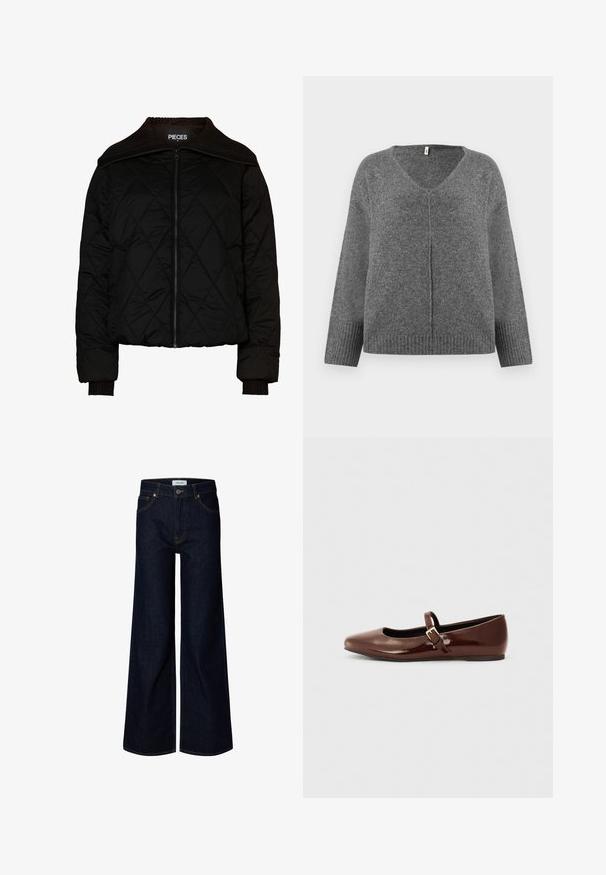 Sort quiltet bomberjakke med ribbet krave og manchetter, der har en lynlåslukning. Letvægtsstof med et diamantmønster. Størrelse M.; Grå V-hals sweater med lange ærmer, lavet af blødt materiale. Har ribbet detaljering ved handsker og kant, med en løs og afslappet pasform.; Mørkeblå bredbenede denimjeans med frontknap og lynlås, bæltestropper og frontlommer, vist på en hvid baggrund.; Brun patentlæder balletflade med firkantet tå og strop med en lille guldbuckle. Glat tekstur, lav hæl og minimalistisk design.