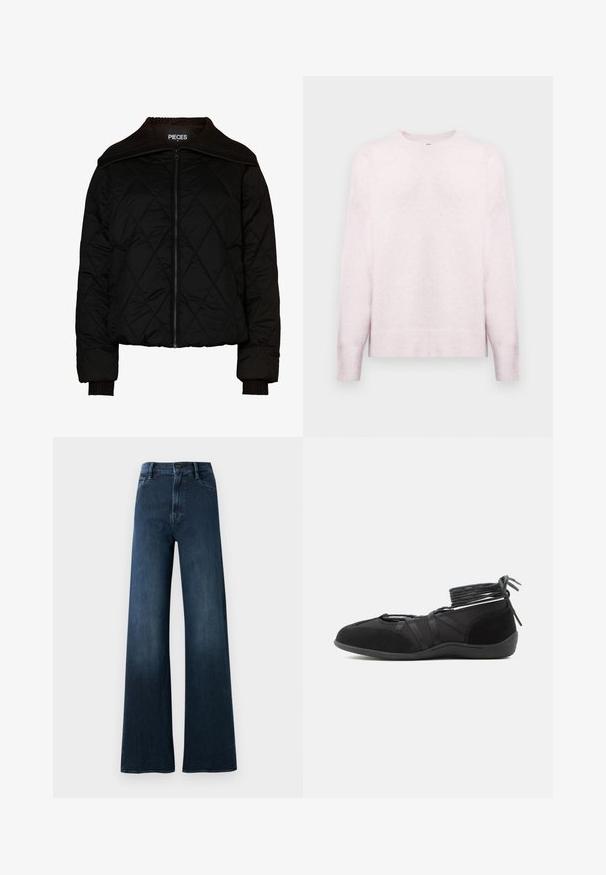 Sort quiltet bomberjakke med ribbet krave og manchetter, der har en lynlåslukning. Letvægtsstof med et diamantmønster. Størrelse M.; Lys pink langærmet sweater med rund hals. Har ribbede manchetter og kant, blød tekstur og afslappet pasform. Glat stoffinish.; Bredde bukser i mørkeblåt denim. Har høj talje, forlommer, knaplukning og minimal syning.; Sort flad sko med omviklede ankelstropper og ruskindsdetaljer, designet til sikker pasform og minimalistisk stil.