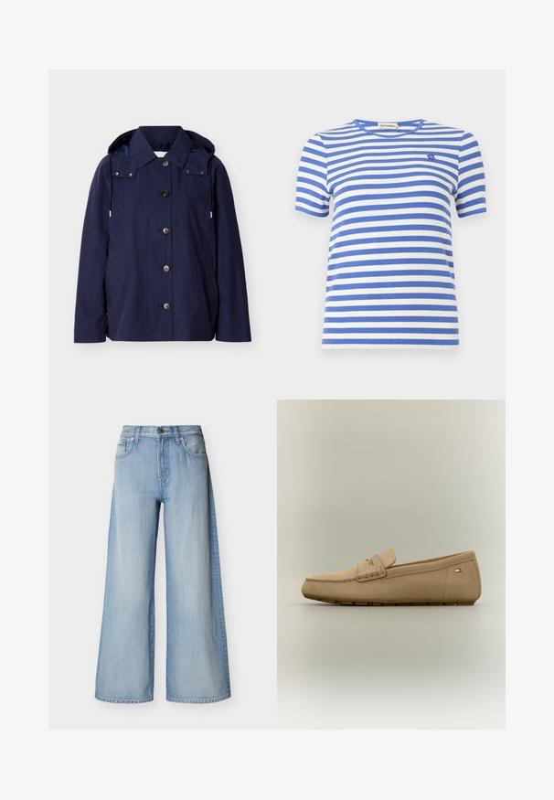 Imperméable bleu marine à boutons, avec col, capuche à cordons, manches longues et poches latérales sur un fond uni.; T-shirt à manches courtes rayé horizontalement bleu et blanc avec une texture côtelée et un petit logo brodé près de l'épaule gauche.; Jean large bleu clair en tissu denim, taille haute avec fermeture à bouton, présentant un design classique à cinq poches et des détails cousus.; Chaussure beige de style mocassin en matériau suédé, avec une semelle plate, une couture décorative et un petit patch logo multicolore sur le côté.