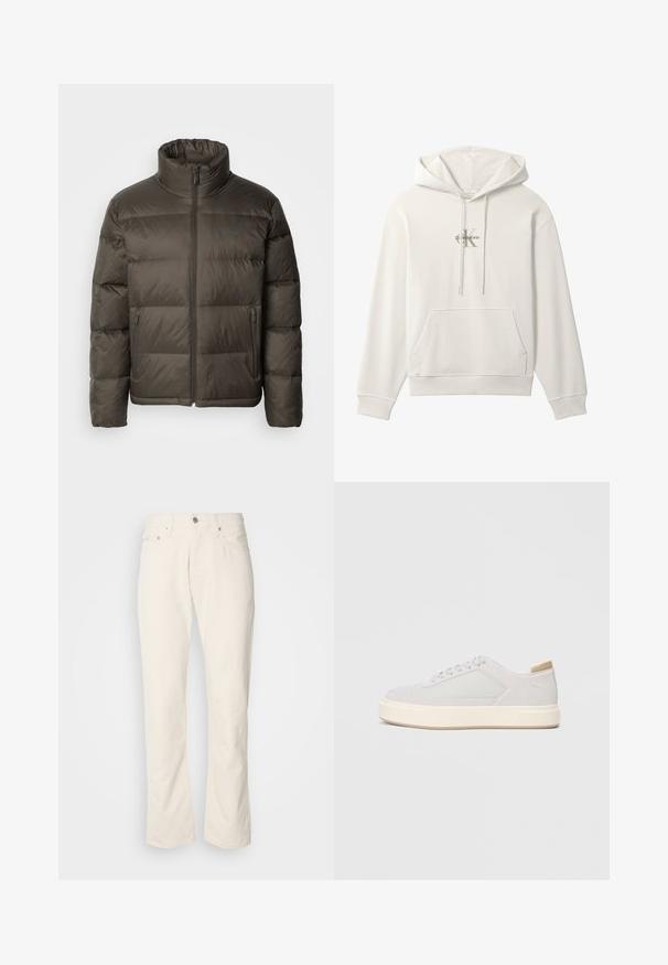 Doudoune vert olive foncé avec un col haut, fermeture éclair devant et sections cousues. Comprend des poches latérales et une étiquette de marque sur la poitrine.; Sweat à capuche blanc avec poche avant et cordons, avec un petit logo Calvin Klein au centre de la poitrine.; Jeans en coton beige avec un design classique à jambe droite, comportant une fermeture à bouton à l'avant, cinq poches et des détails de couture subtils.; Baskets gris clair avec une tige synthétique lisse, un bout rond et une semelle intermédiaire texturée couleur crème. Accents beige clair au niveau du talon.