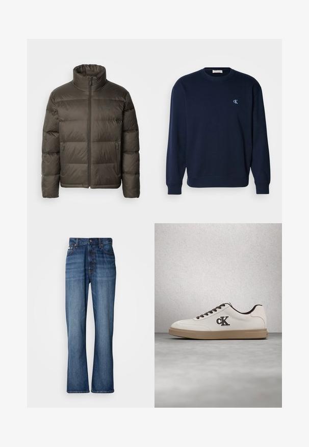 Chaqueta de abrigo de color verde oliva oscuro, con un alto cuello, cierre de cremallera en el frente y secciones cosidas. Presenta bolsillos laterales y una etiqueta de marca en el pecho.; Sudadera azul marino en mezcla de algodón con puños y dobladillo de canalé. Presenta un pequeño logo azul claro en el pecho. Diseño clásico de cuello redondo.; Jeans de mezclilla azul con cintura alta, piernas acampanadas, diseño de cinco bolsillos y costuras tonales. Cuenta con cierre de botón y bolsillos remachados.; Zapatilla blanca con detalles en marrón, material de ante, cordones planos y suela de goma. Presenta un logotipo en el lateral y una textura lisa.