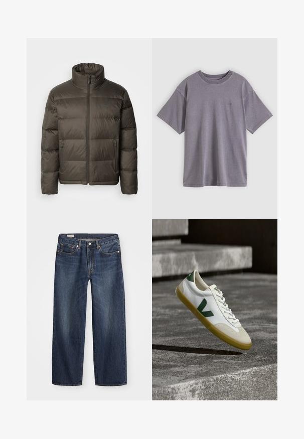Doudoune vert olive foncé avec un col haut, fermeture éclair devant et sections cousues. Comprend des poches latérales et une étiquette de marque sur la poitrine.; T-shirt en coton gris avec un col rond, des manches courtes et un petit logo imprimé sur le côté gauche de la poitrine. Texture douce et coupe décontractée.; Jean en denim bleu foncé avec une coupe droite, design à cinq poches, bouton en métal et fermeture éclair, et motifs de décoloration légère.; Baskets blanches avec des accents verts, dotées d'un bout en daim texturé et d'une semelle en caoutchouc. Design à lacets avec un logo "V" bien visible.