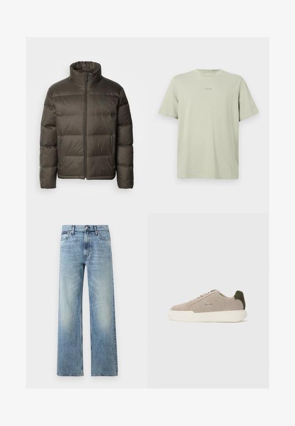 Chaqueta de abrigo de color verde oliva oscuro, con un alto cuello, cierre de cremallera en el frente y secciones cosidas. Presenta bolsillos laterales y una etiqueta de marca en el pecho.; Camiseta de algodón verde clara con cuello redondo, mangas cortas y un pequeño logo de Calvin Klein en una tonalidad más oscura impreso en el pecho.; Vaqueros de mezclilla azul claro de corte recto con cintura alta, cinco bolsillos, cierre de botón y sutil desgaste en los muslos y las rodillas.; Zapatillas de piel de ante beige con suela de goma blanca, que presentan un acento en el talón de color verde oscuro y un sutil logo en el lateral.
