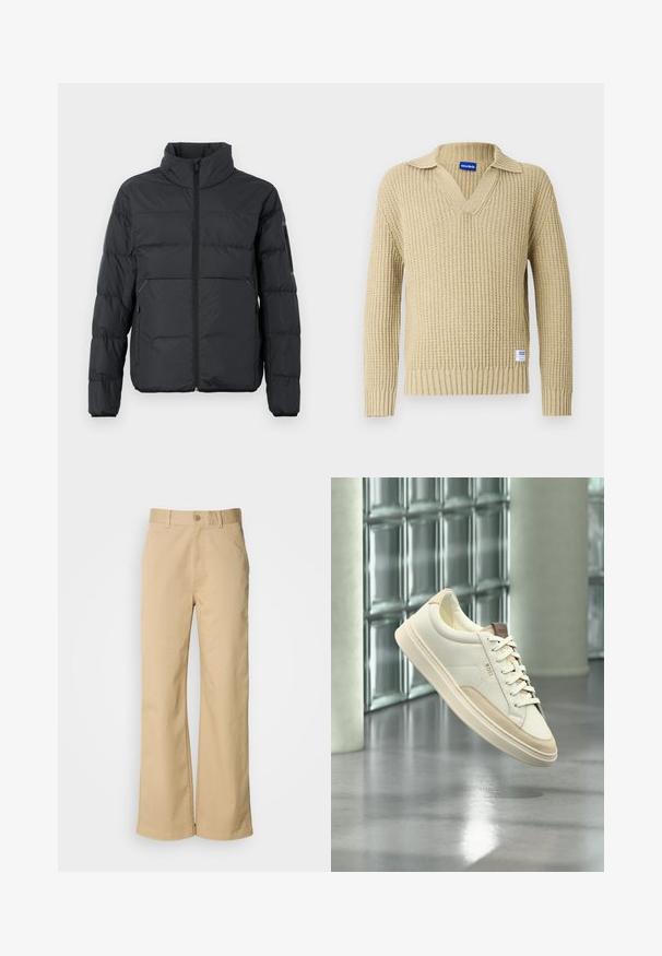 Zwarte pufferjack met een opstaande kraag, ritssluiting aan de voorkant en zijzakken. Beschikt over horizontale stiksels en een zachte, gladde textuur.; Beige gebreide trui met een V-hals en een geribbelde textuur. Heeft een omgeslagen kraag. Voorzien van een klein merkembleem linksonder.; Beige, wijde broek gemaakt van een katoenmix. Voorzien van een knoopsluiting en riemlussen. Soepele textuur, met minimale stikseldetails.; Witte lage sneaker met beige accenten en veters, met het merk "BOSS", zwevend boven een gepolijste vloer met een glasblokken muur op de achtergrond.