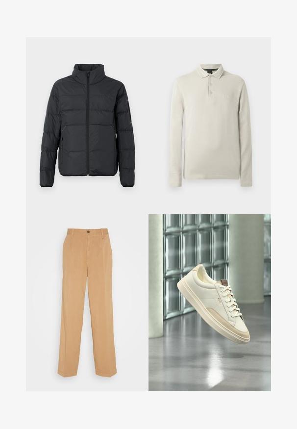 Schwarze Daunenjacke mit Stehkragen, Reißverschluss vorne und seitlichen Taschen. Sie hat horizontale Nähte und eine glatte, weiche Textur.; Langärmeliges Poloshirt in hellem Beige aus weichem Stoff. Verfügt über einen Kragen, eine Knopfleiste mit drei Knöpfen und eine dezente Logo-Stickerei auf der Brust.; Beige weite Hose aus weichem Stoff, mit zwei frontalen Taschen, einem Knopfverschluss und Bügelfalten entlang der Beine.; Weißer Low-Top-Sneaker mit beigen Akzenten und Schnürsenkeln, markiert mit „BOSS“, schwebt über einem polierten Boden vor einer Glasbausteinwand.
