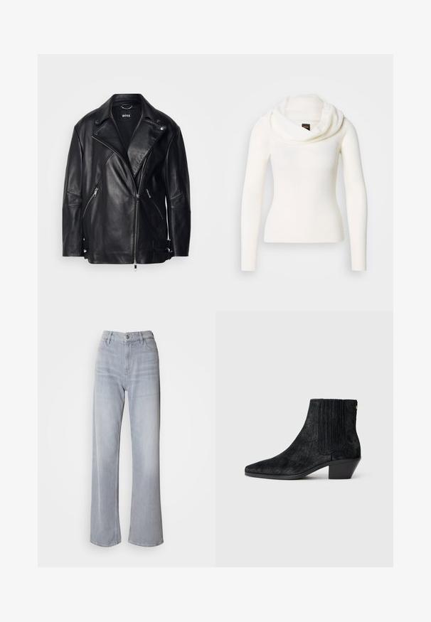 Sort læder bikerjakke med en bred krave, asymmetrisk lynlås, sidelommer og spænde detaljer ved ærmerne. Glat tekstur.; Hvid langærmet sweater med en rullekrave. Fremstillet af et blødt, tekstureret stof. Har en figursyet silhuet for et elegant udseende.; Lys grå vidde jeans med høj talje, lavet af denim. Har forlommer, lynlås og subtil falmen over det hele.; Sort ankelstøvle med spidse tæer, tekstureret håragtigt materiale, ribbet sidepanel og en lav, firkantet hæl. Simpelt og moderne design.